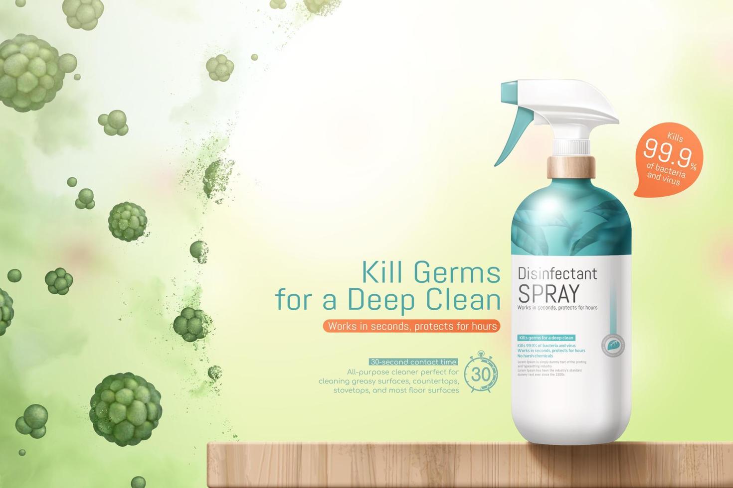 Disinfectant spray ad template, realistic bottle mock-up set on wooden table with shield protecting against bad germs, 3d illustration vector