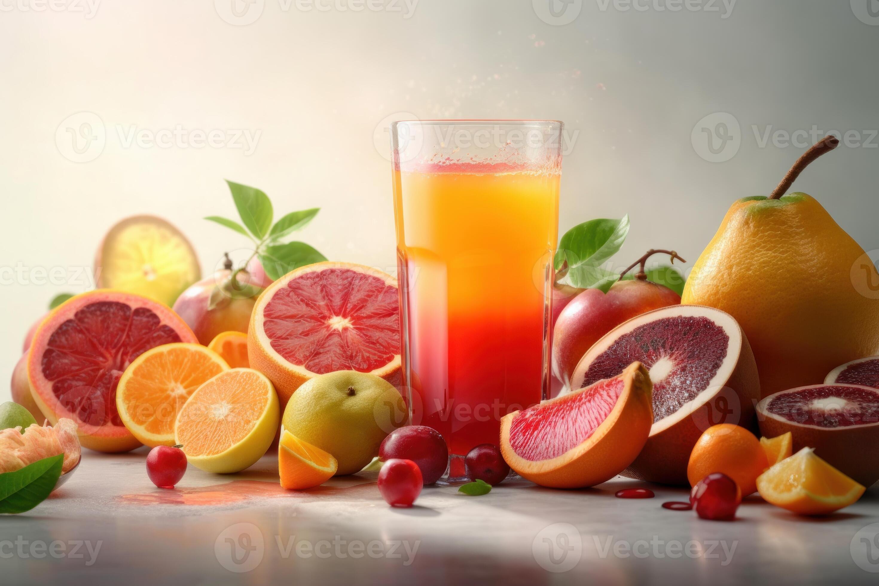 Fresh fruits juice on amazing light background, Healthy beverage rich in vitamins. Created