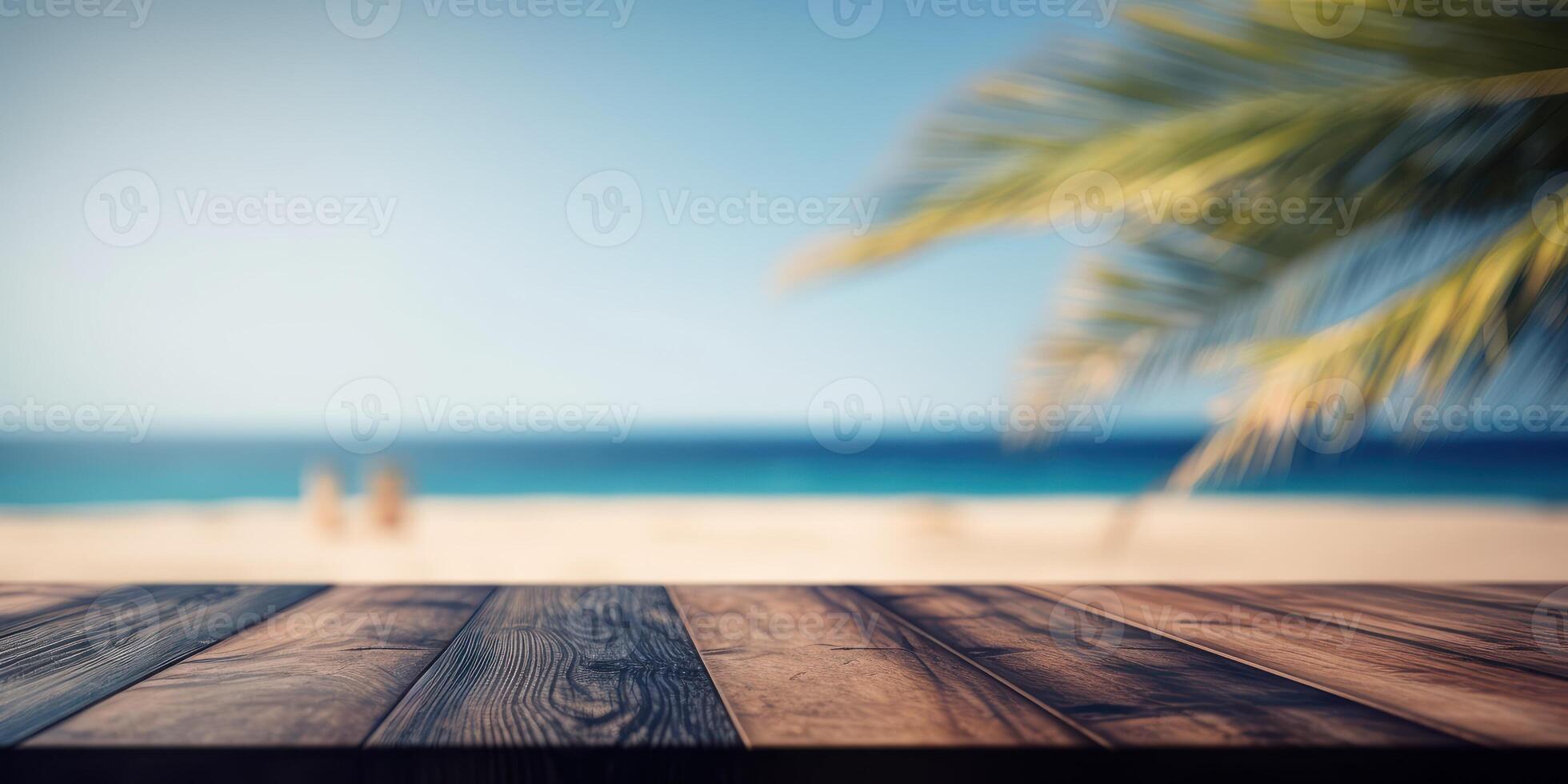 Empty wooden table with tropical beach of summer background, Free space for product display. photo