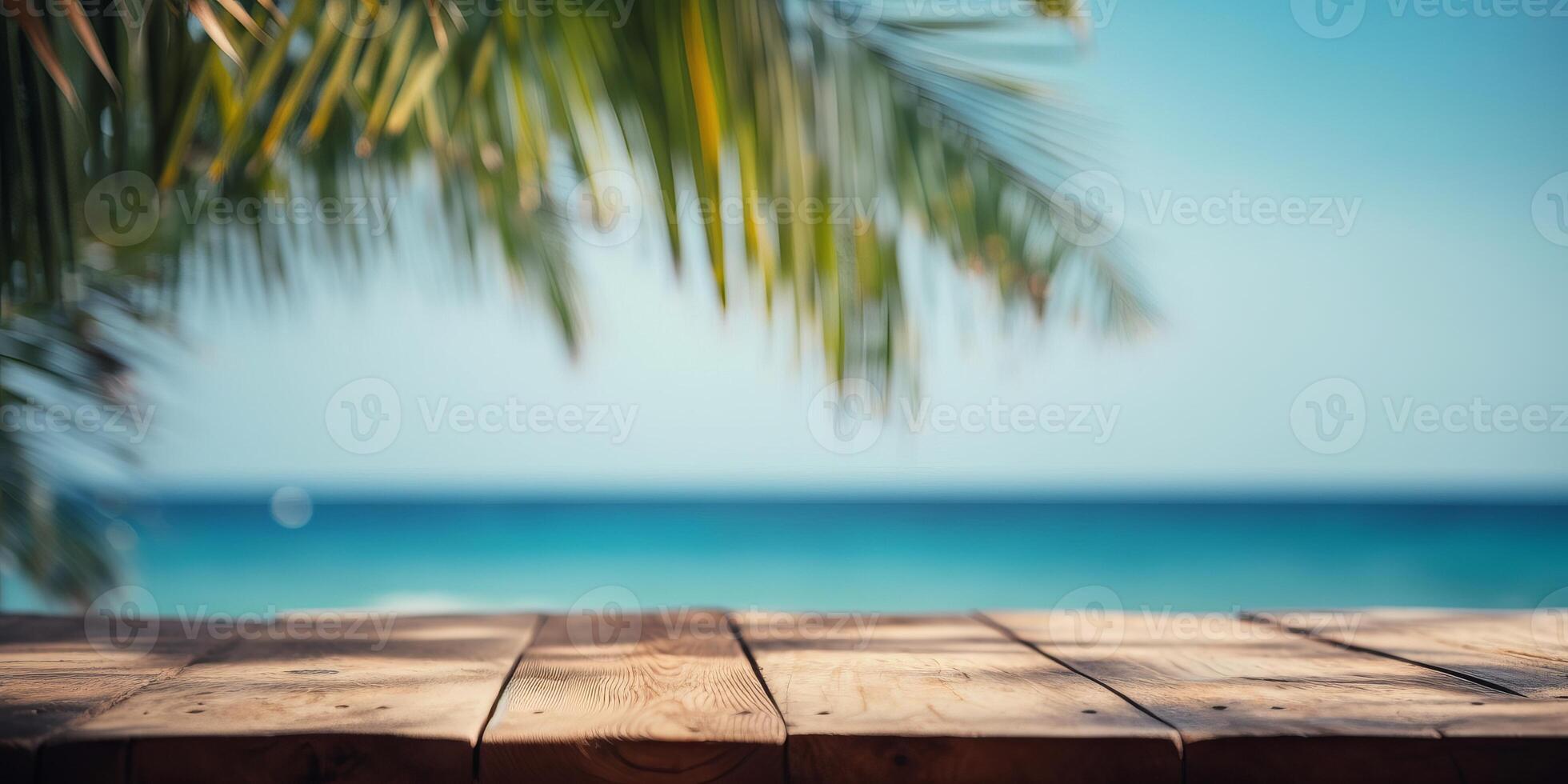 Empty wooden table with tropical beach of summer background, Free space for product display. photo