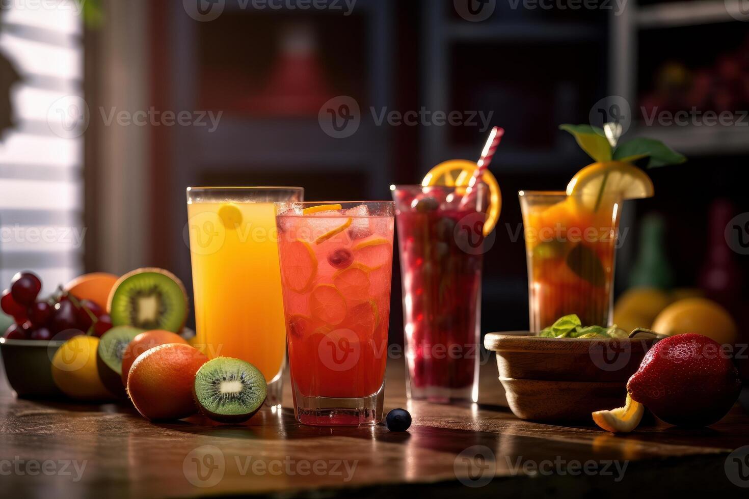 Fresh fruits juice on amazing light background, Healthy beverage rich in vitamins. Created photo