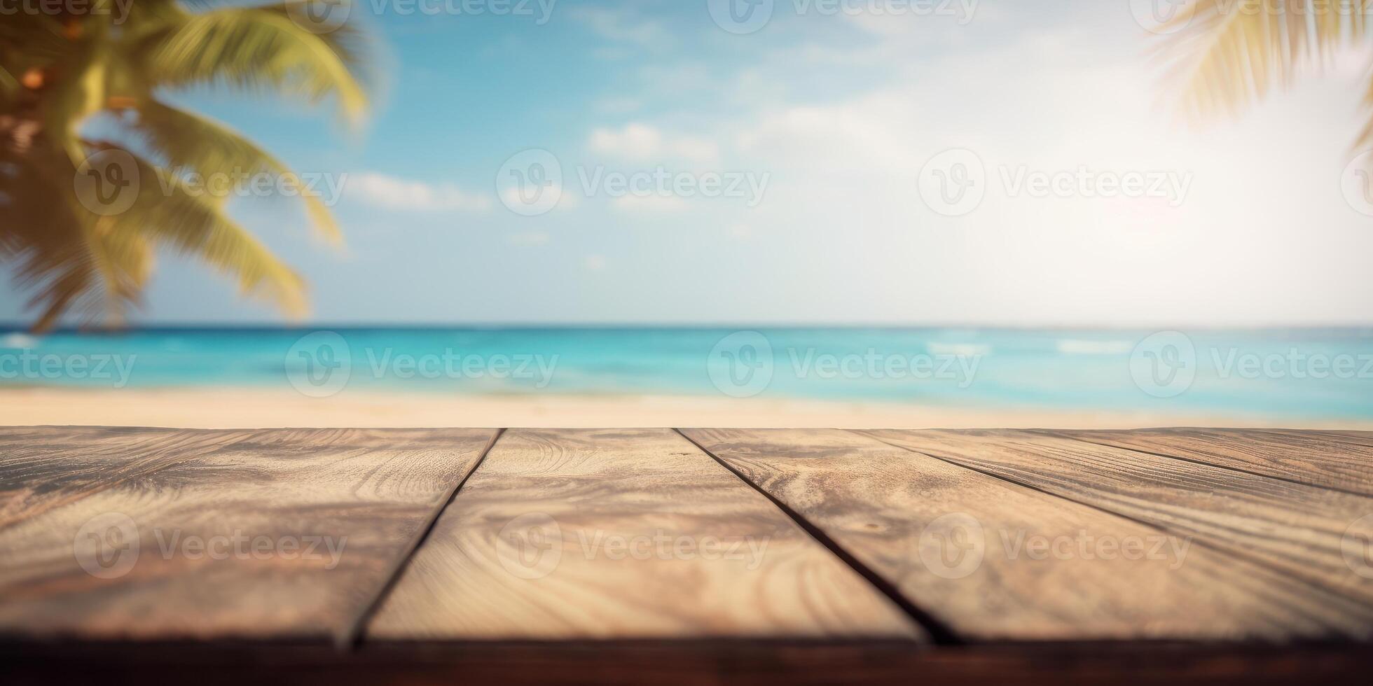 Empty wooden table with tropical beach of summer background, Free space for product display. photo