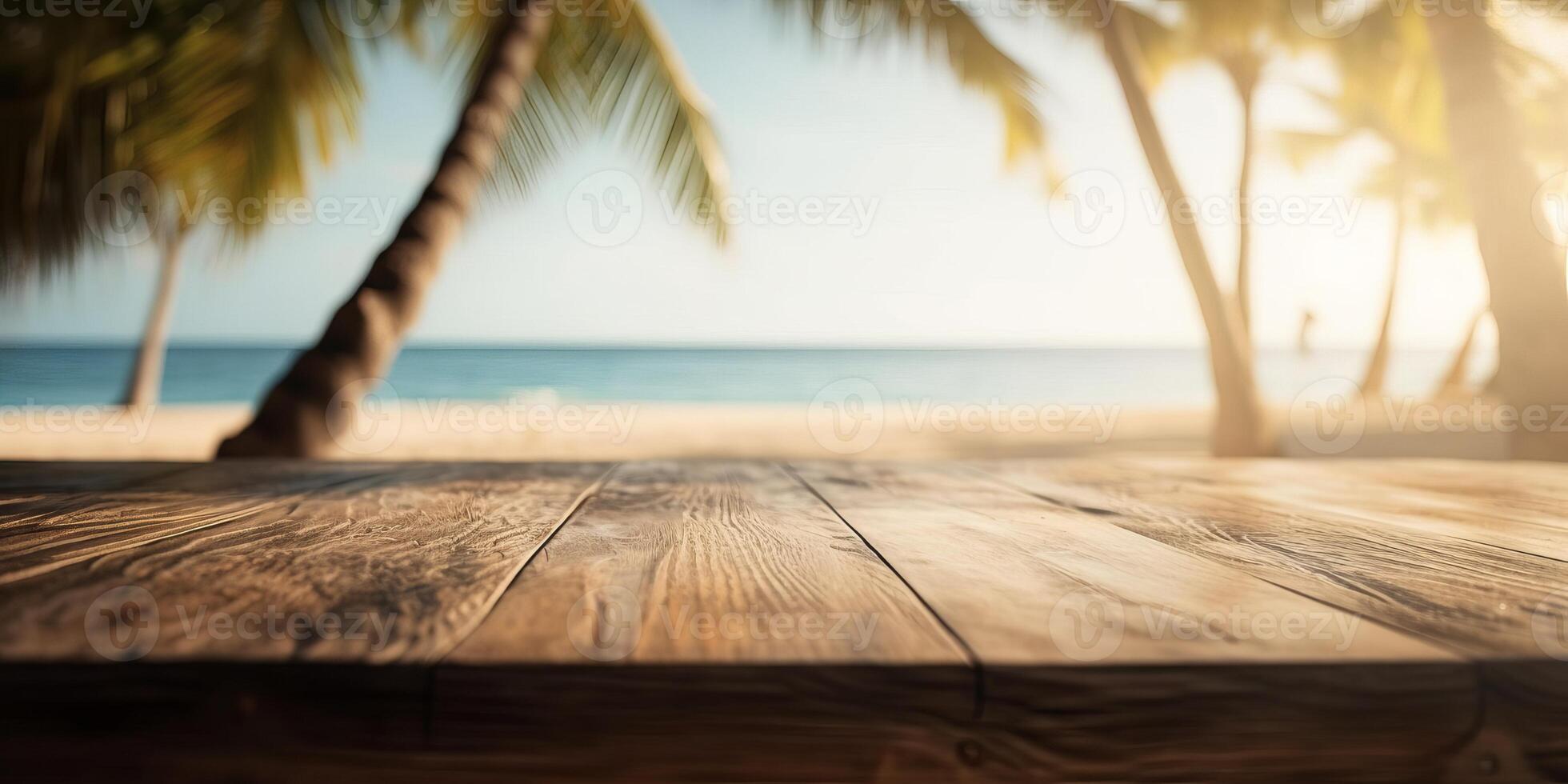 Empty wooden table with tropical beach of summer background, Free space for product display. photo