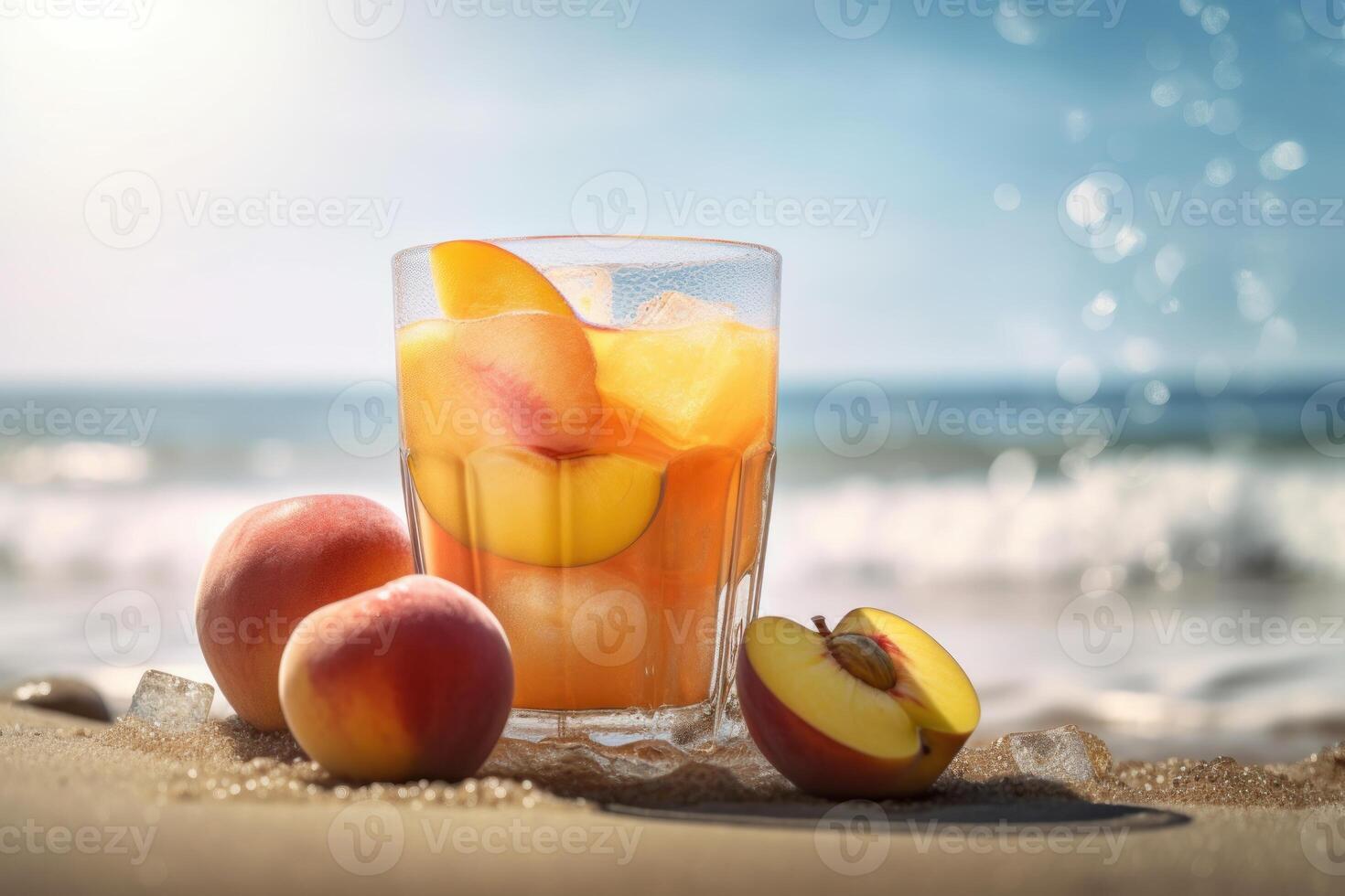 Fresh fruits juice on sea and beach background, Healthy summer beverage rich in vitamins. Created photo