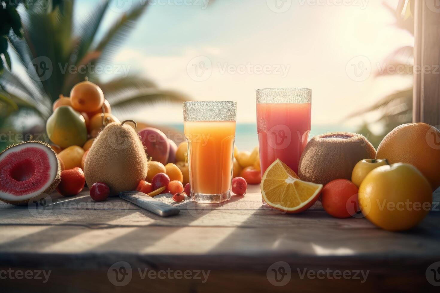 Fresh fruits juice on sea and beach background, Healthy summer beverage rich in vitamins. Created photo