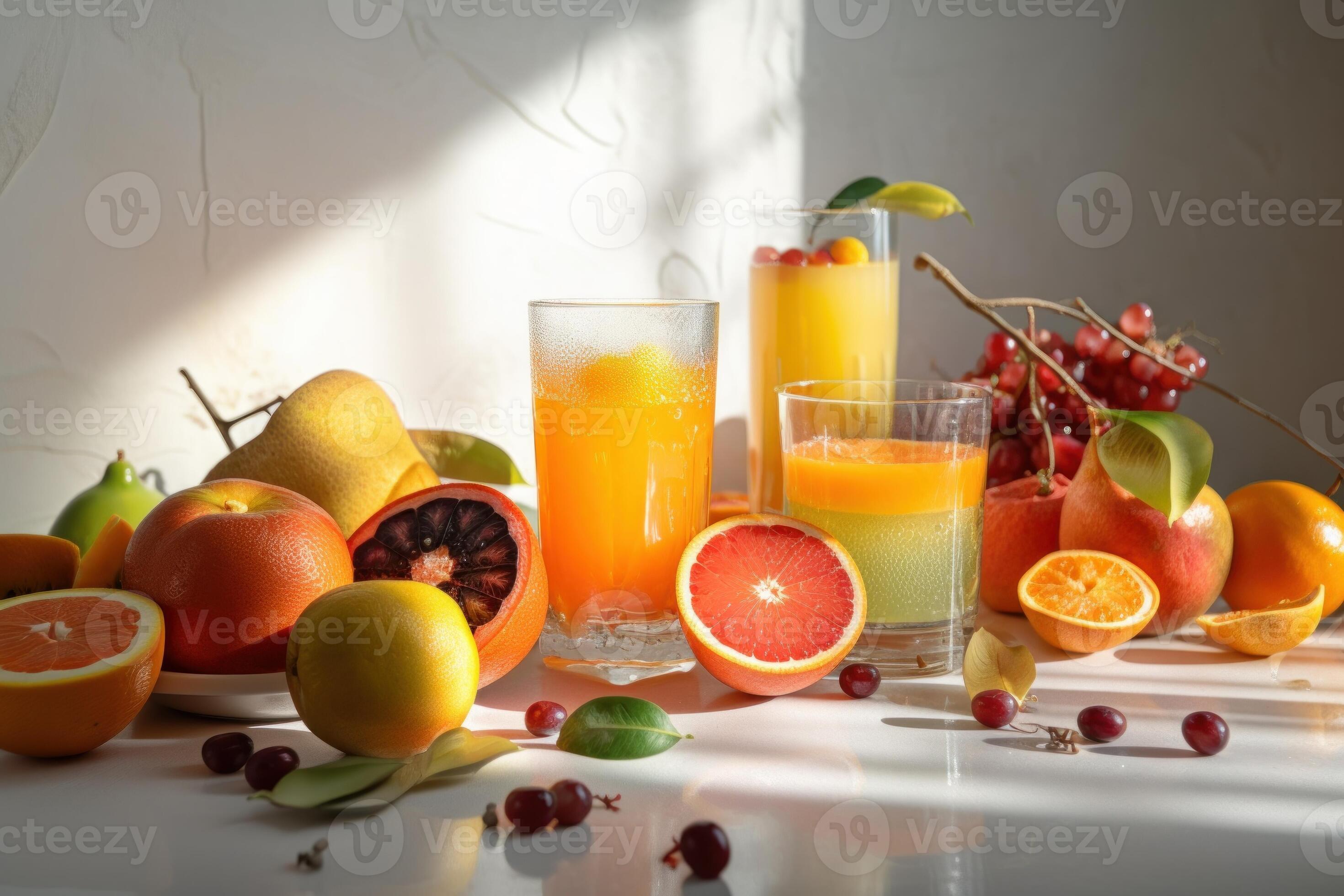 Fresh fruits juice on amazing light background, Healthy beverage rich in vitamins. Created