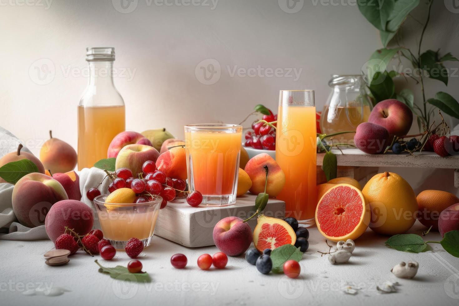 Fresco frutas jugo en increíble ligero fondo, sano bebida Rico en vitaminas creado generativo ai foto