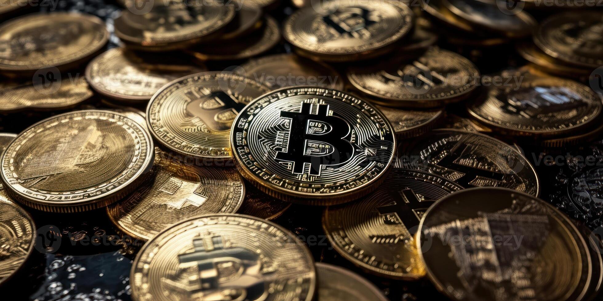 Crypto currency golden bitcoin background, Digital financial investment concept. photo