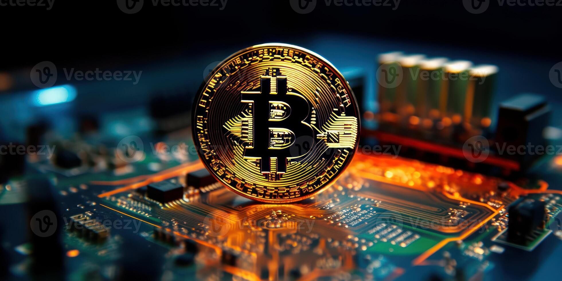 Golden bitcoin with computer circuit background, Crypto currency investment concept. photo