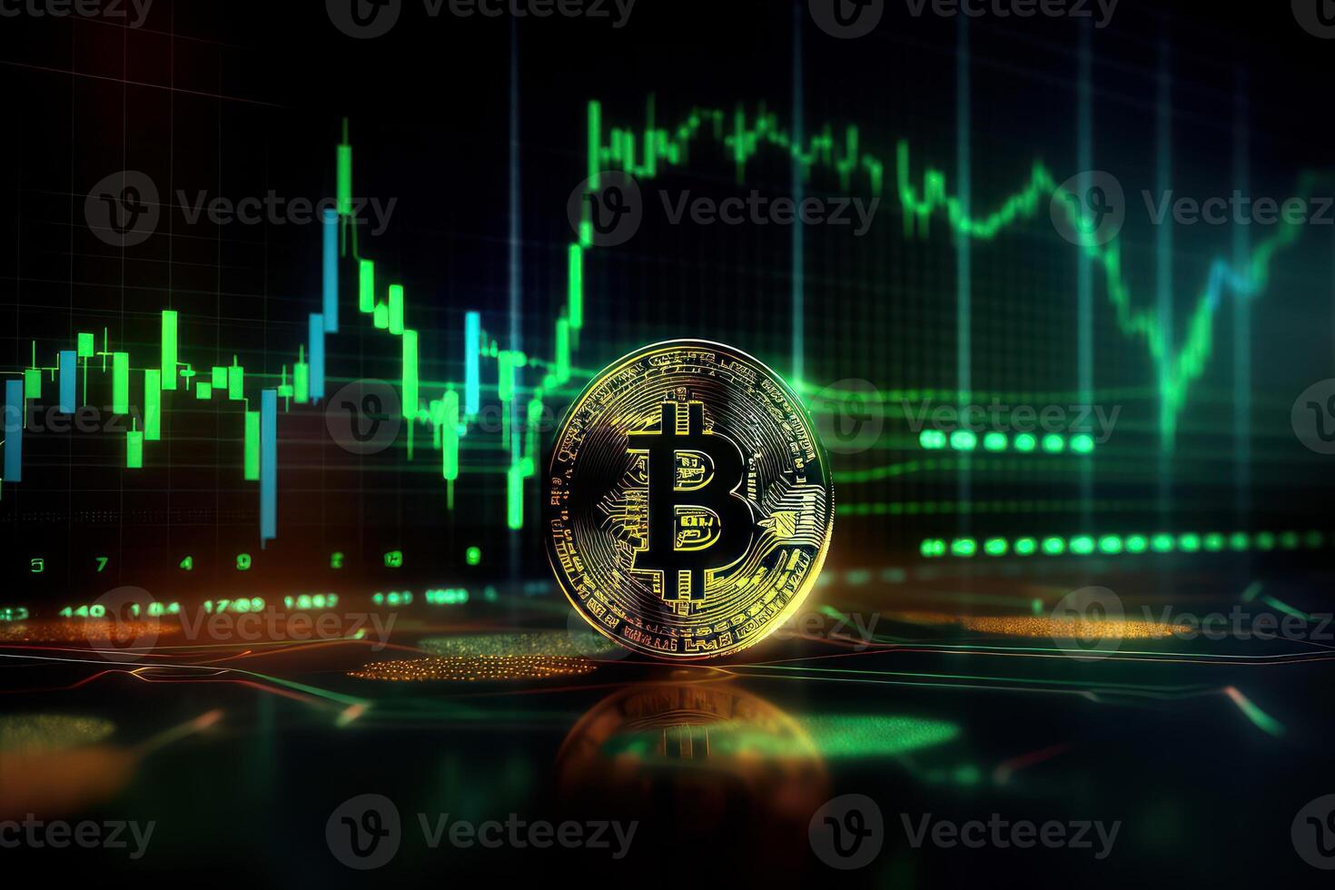 Bitcoin with green graph on computer screen background, Crypto currency trading. photo