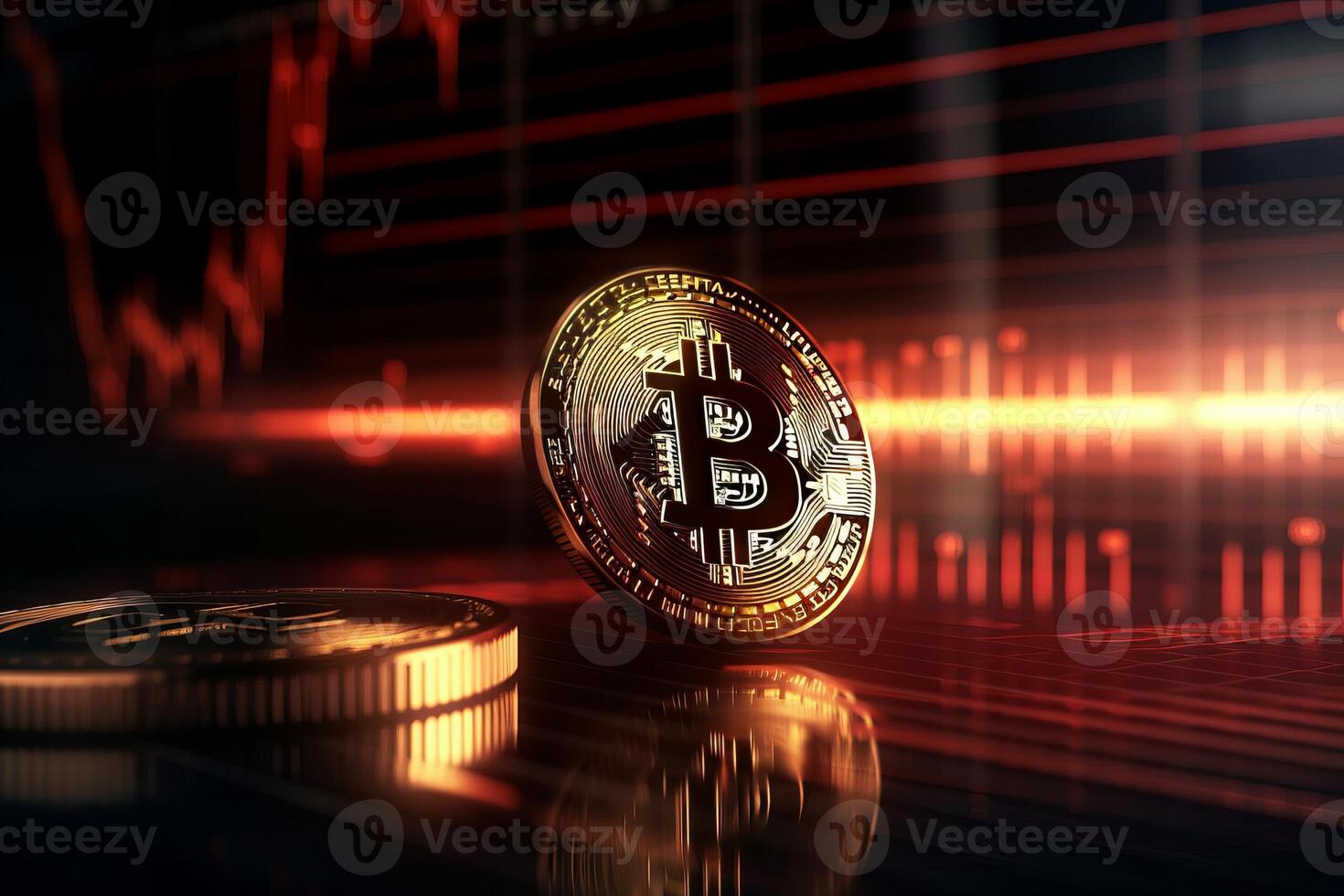 Bitcoin with red graph on computer screen background, Crypto currency trading. photo