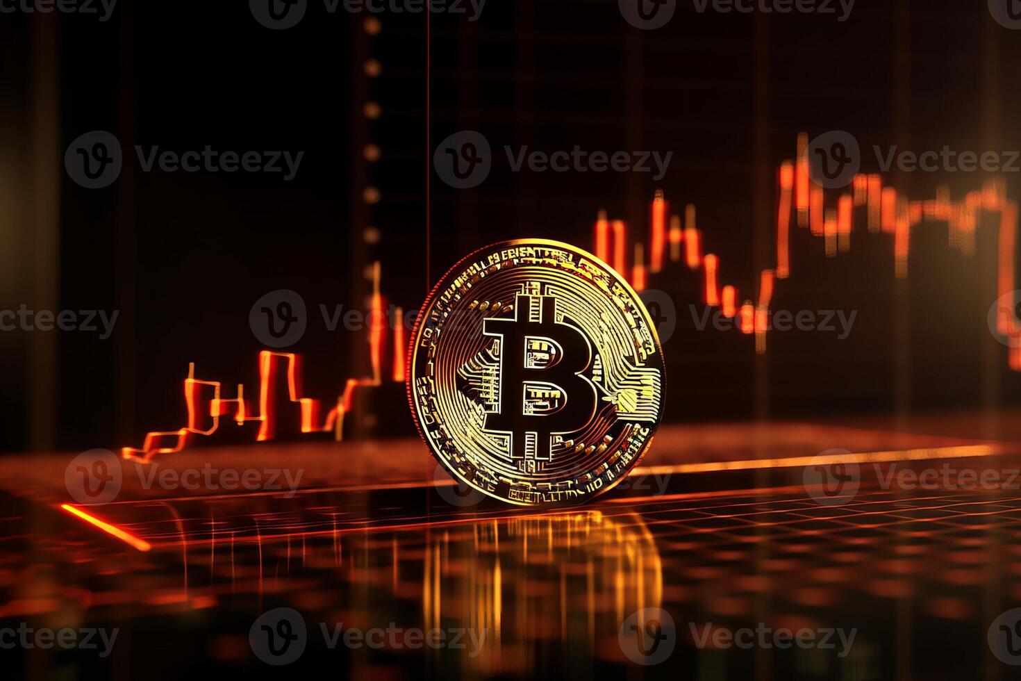 Bitcoin with red graph on computer screen background, Crypto currency trading. photo