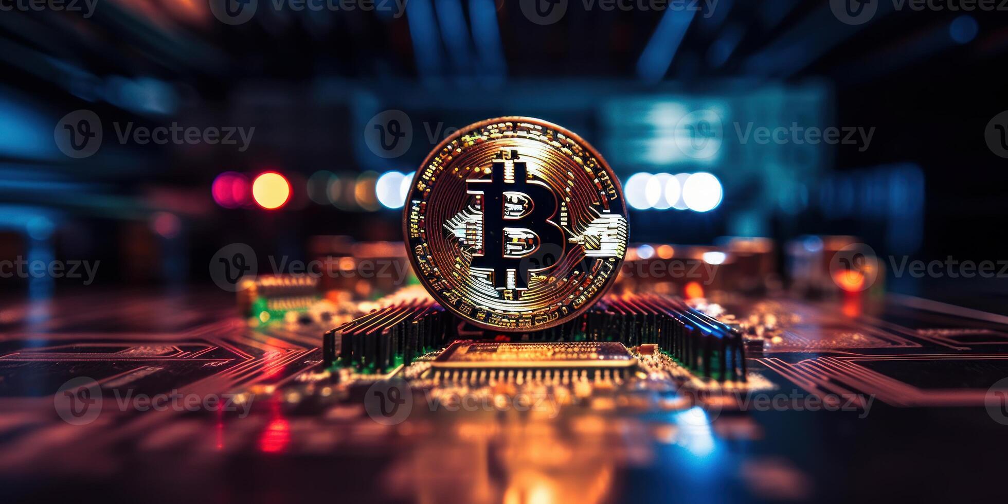 Golden bitcoin with computer circuit background, Crypto currency investment concept. photo