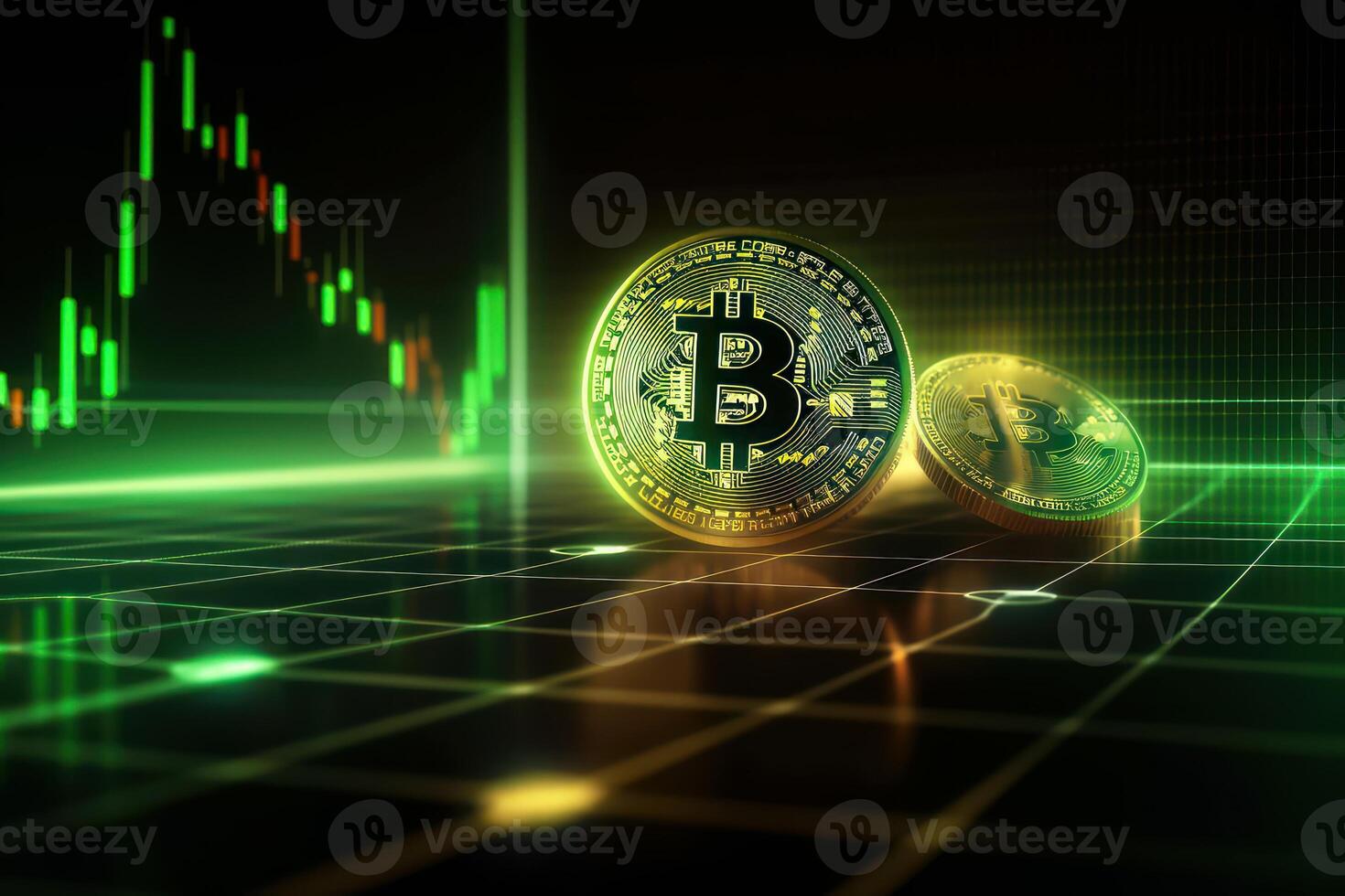 Bitcoin with green graph on computer screen background, Crypto currency trading. photo