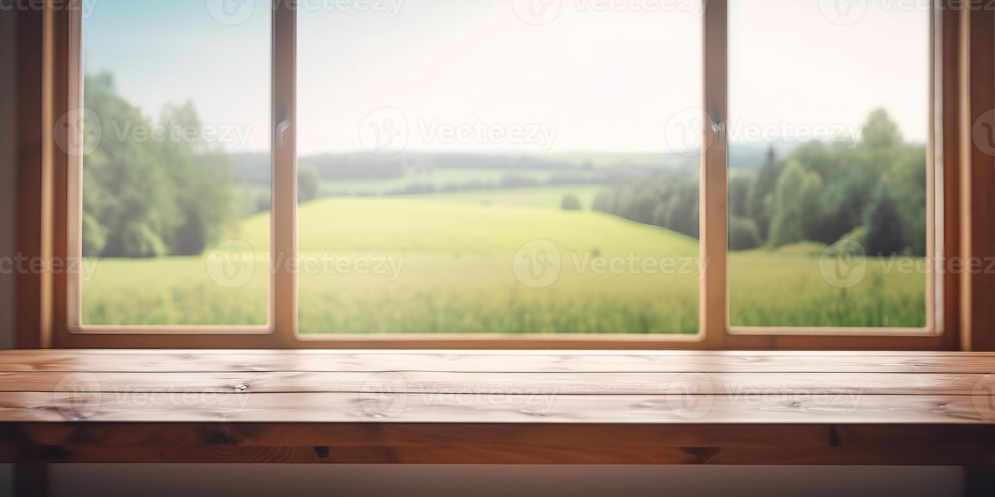 vacío de madera mesa con naturaleza ver fuera de ventana fondo, gratis espacio para producto mostrar. generativo ai foto