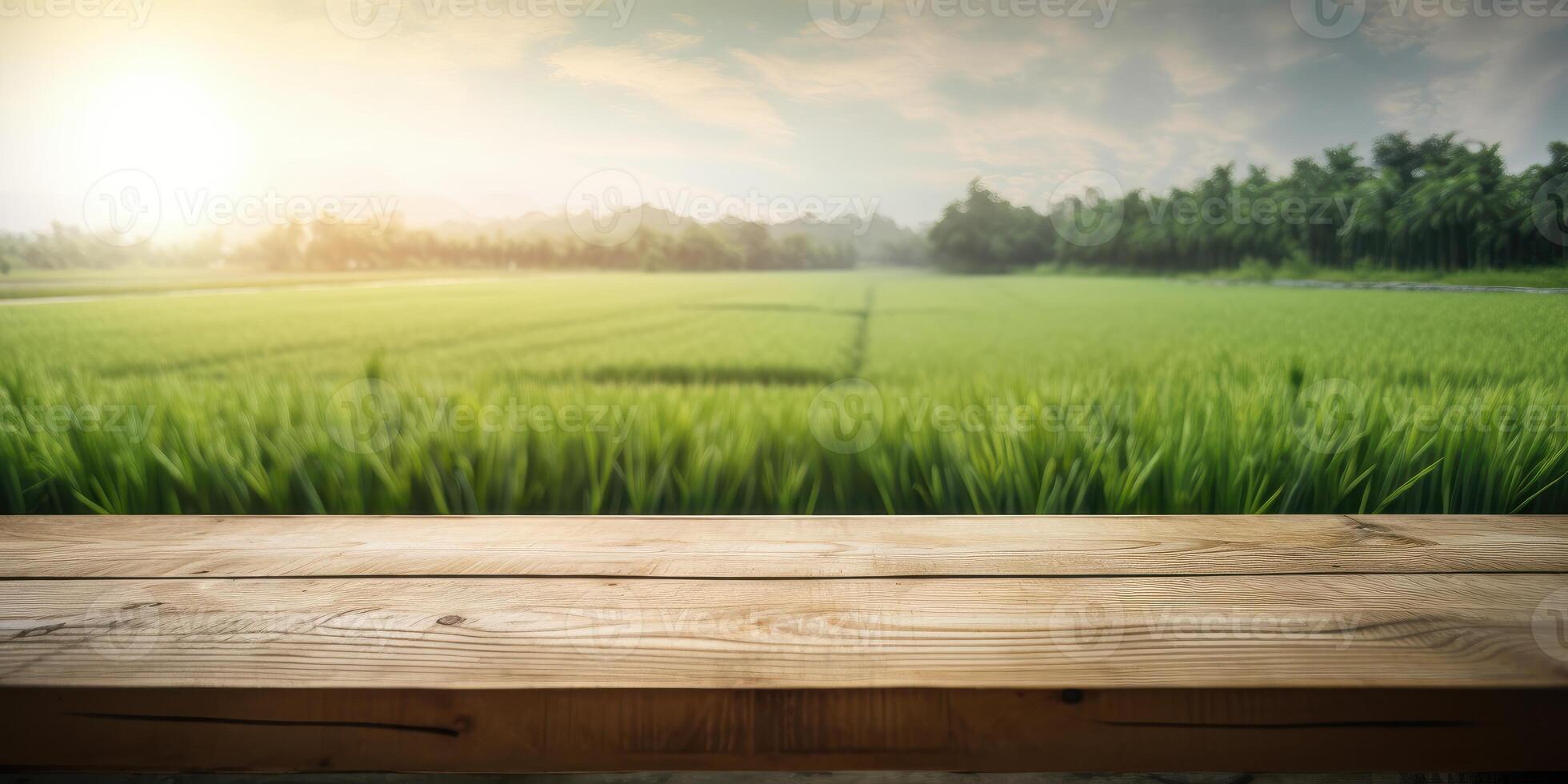 Empty wooden table on green nature background, Desk of free space for product display. Created photo