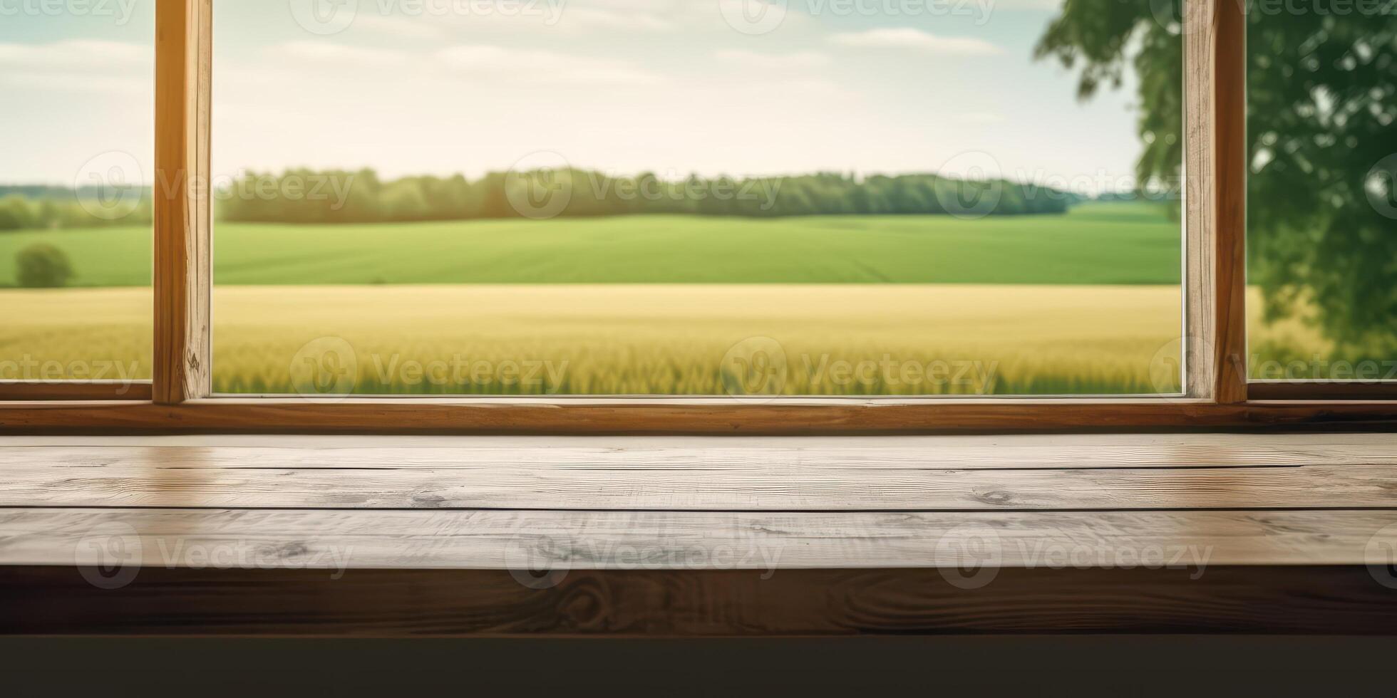 Empty wooden table with nature view out of window background, Free space for product display. photo