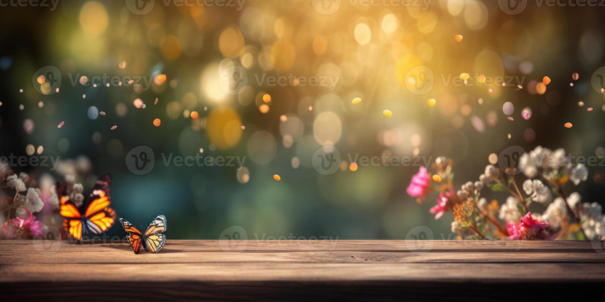 Empty wooden table with spring flower and butterfly background, Free space for product display. photo