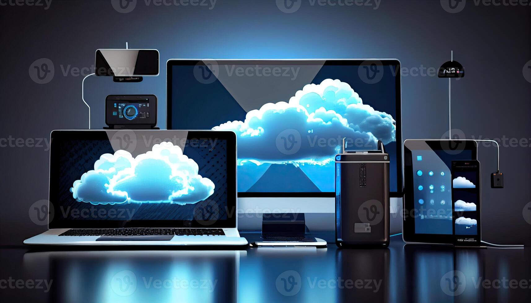 Cloud technology computing Devices connected to digital storage in the data center via the Internet IOT Smart Home Communication laptop tablet phone devices Businessman using Technology photo