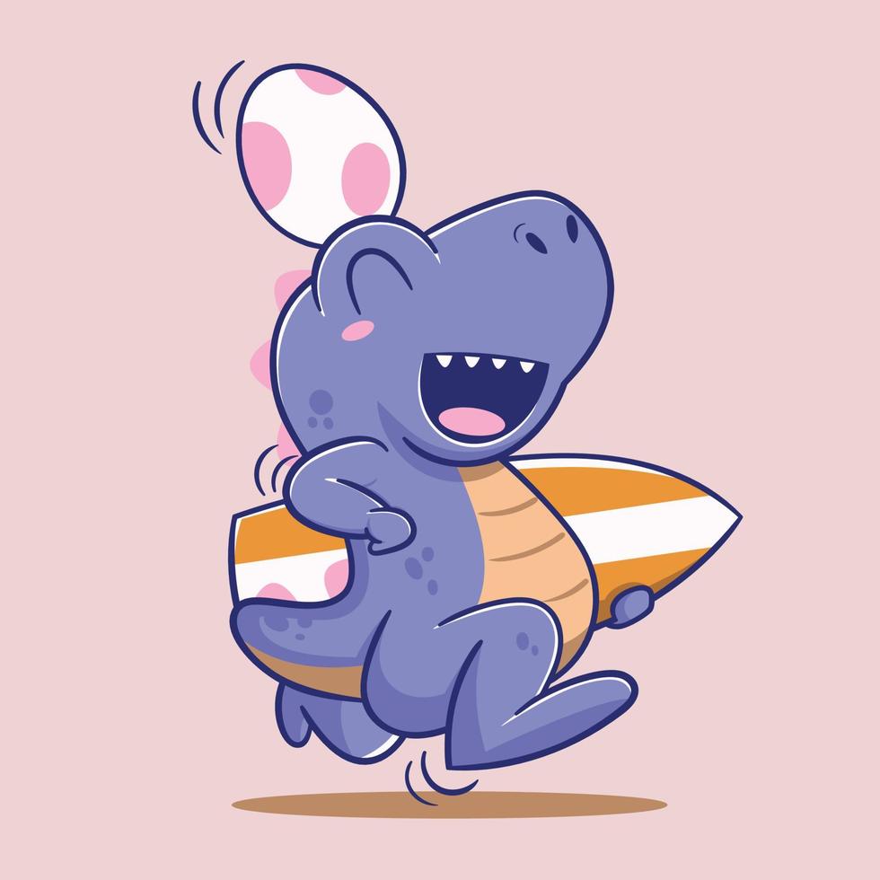 Cute cartoon walking t rex dinosaur with a surf board. Vector illustration.