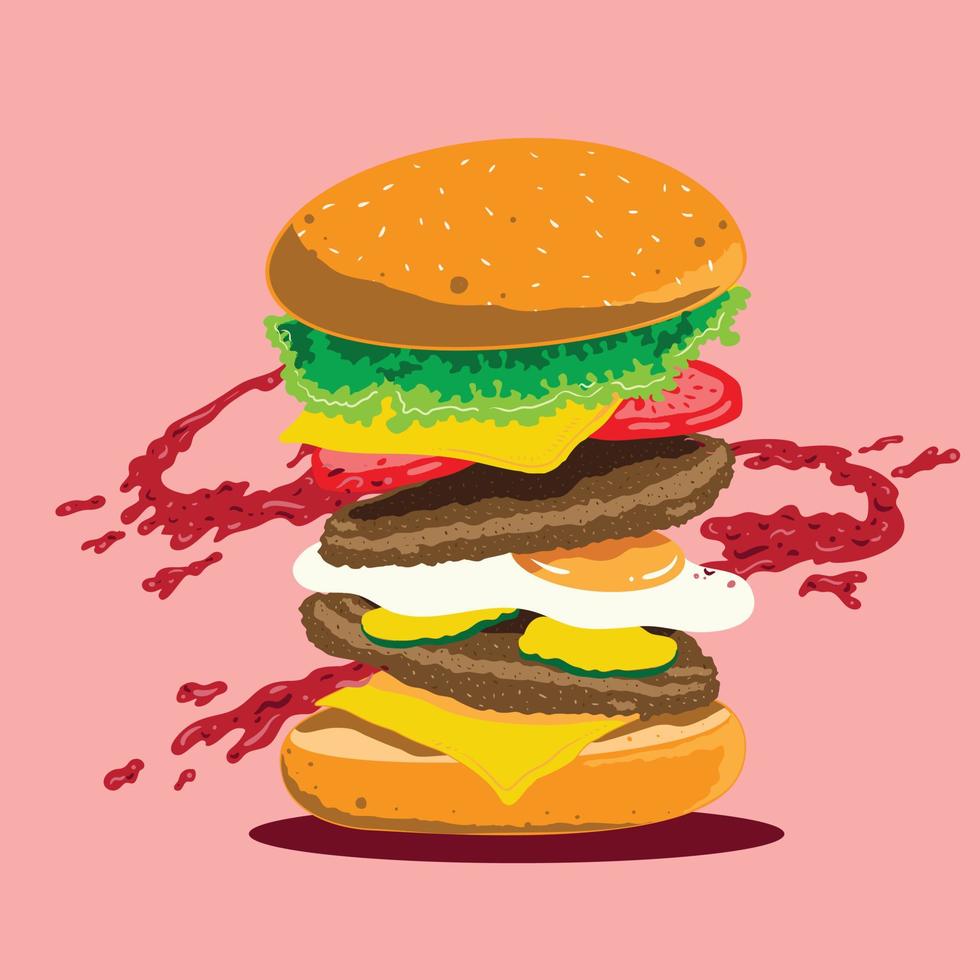 Hamburger vector illustration. Isolated on a pink background.