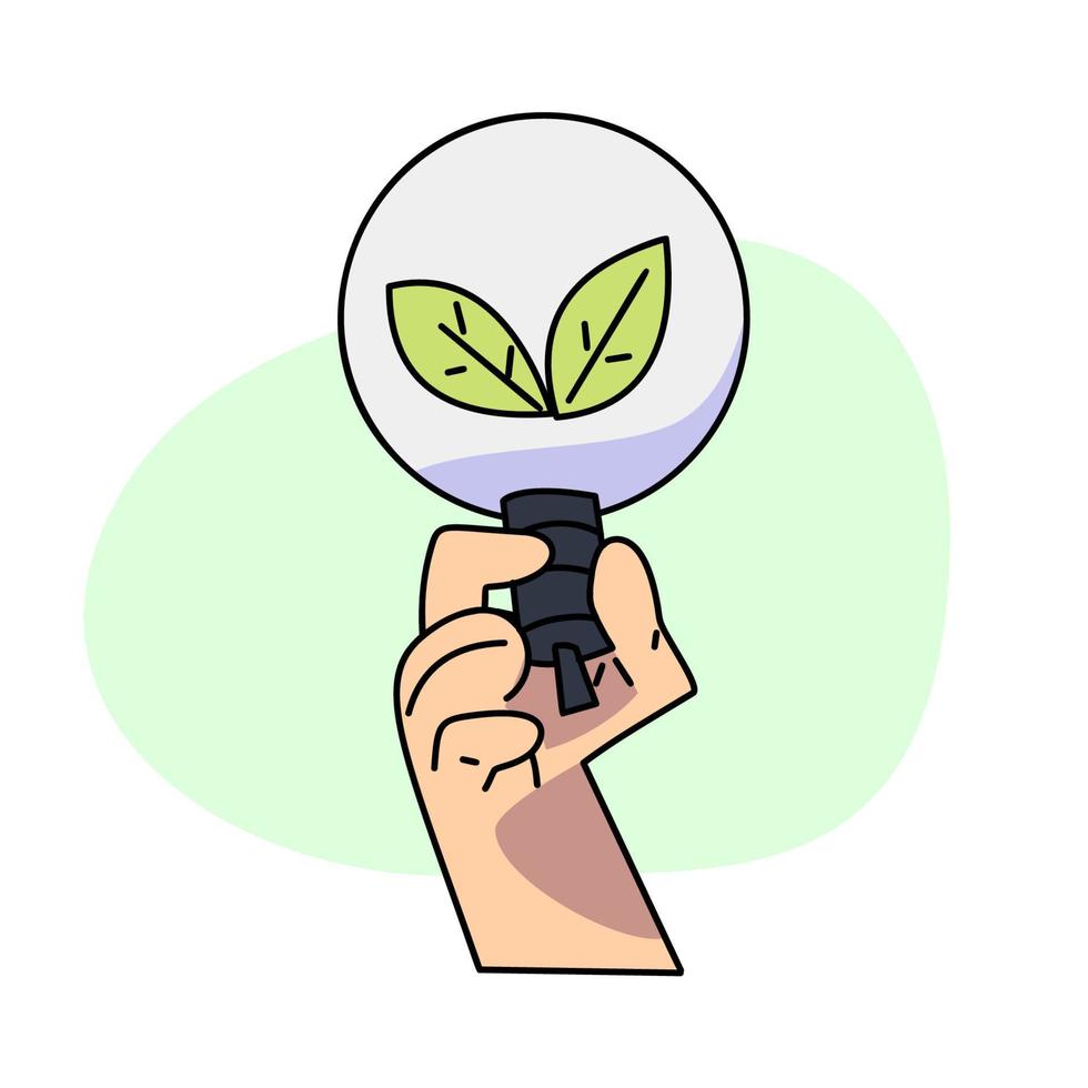 Clásico contento linda tierra planeta personaje mascota con un ligero bulbo dentro cuales un hoja formas un corazón y es retenida en un mano. vector ilustración