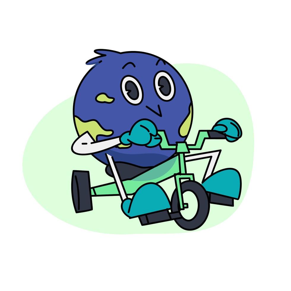 Clásico contento linda tierra planeta personaje mascota ciclismo. vector ilustración