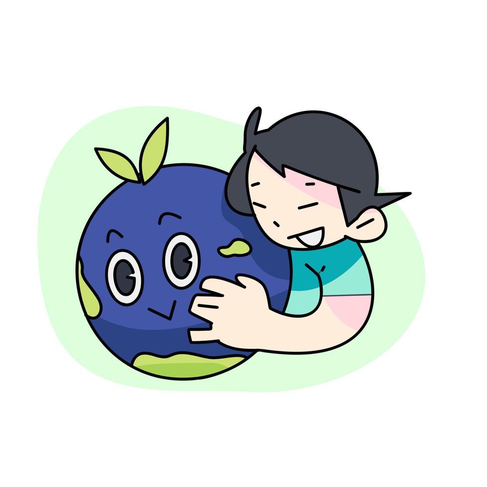 Vintage happy cute Earth planet character mascot that is being hugged by people. Vector illustration