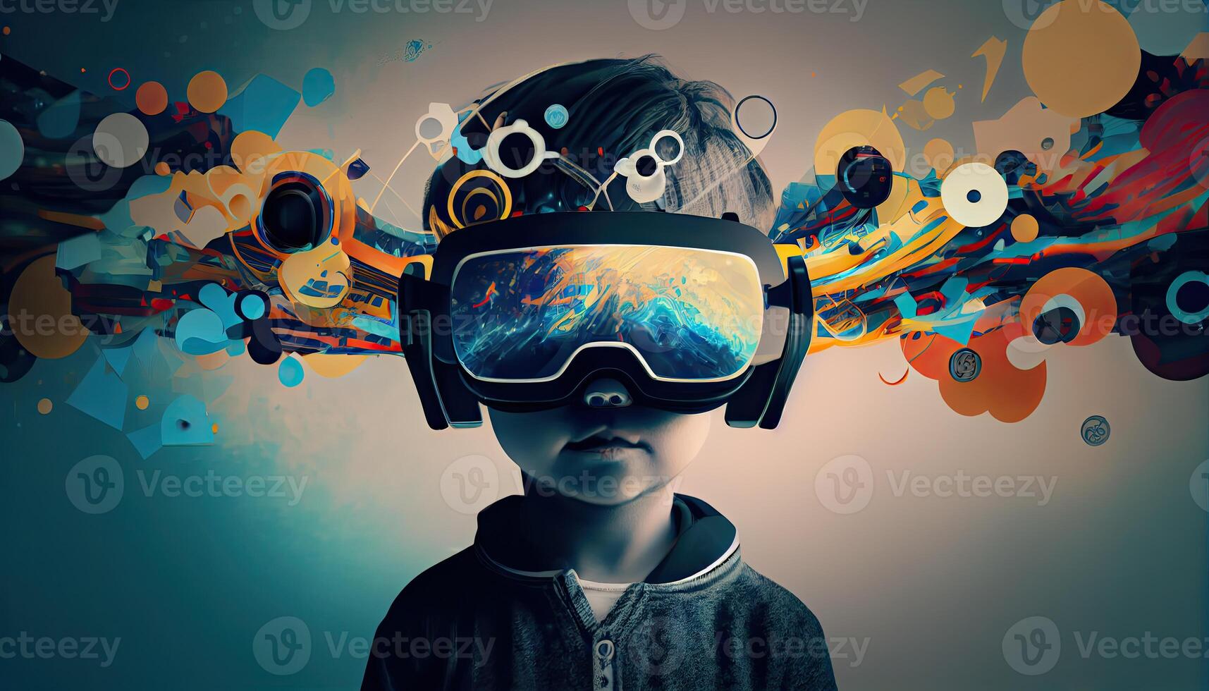 AI Metaverse concept collage design with wearing VR headset with smart glasses futuristic technology photo