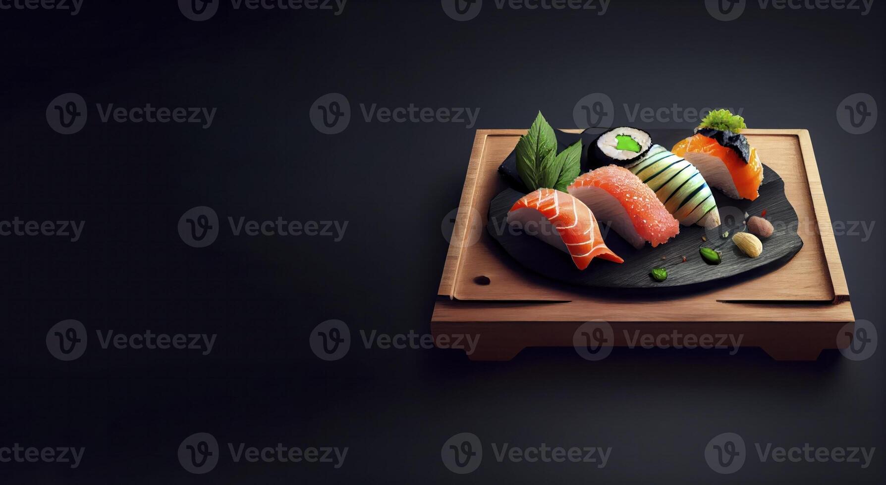 sushi japanese food i in the flat wooden board realistic product showcase for food photography photo