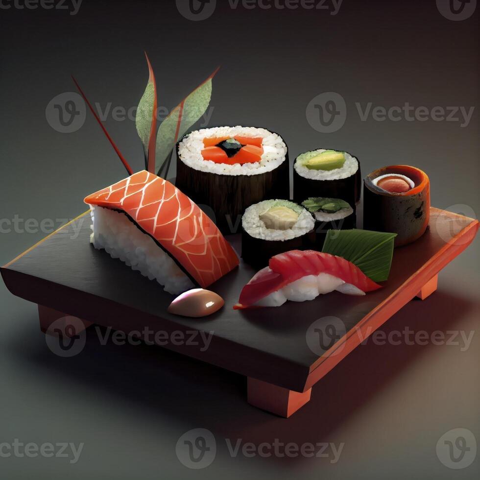 sushi japanese food i in the flat wooden board realistic product showcase for food photography photo