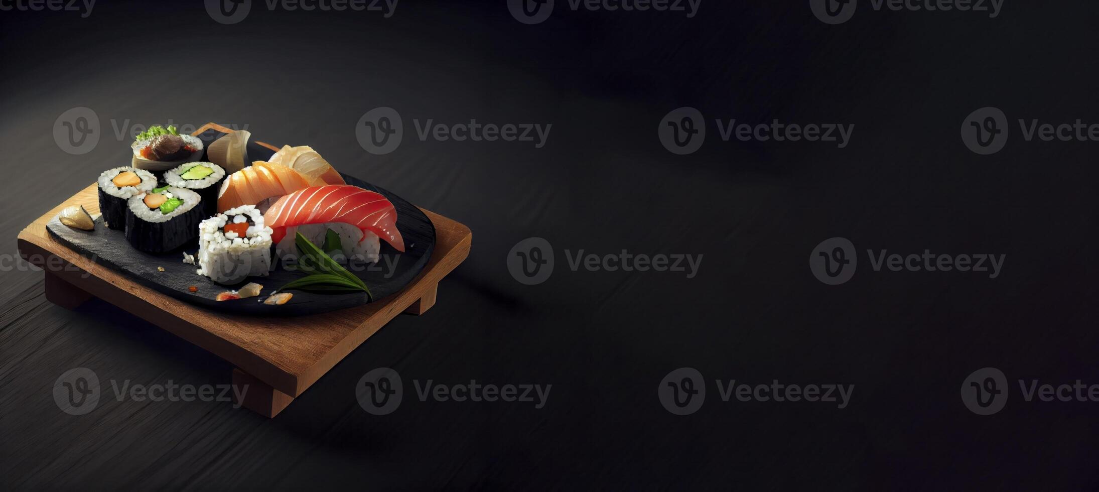 sushi japanese food i in the flat wooden board realistic product showcase for food photography photo