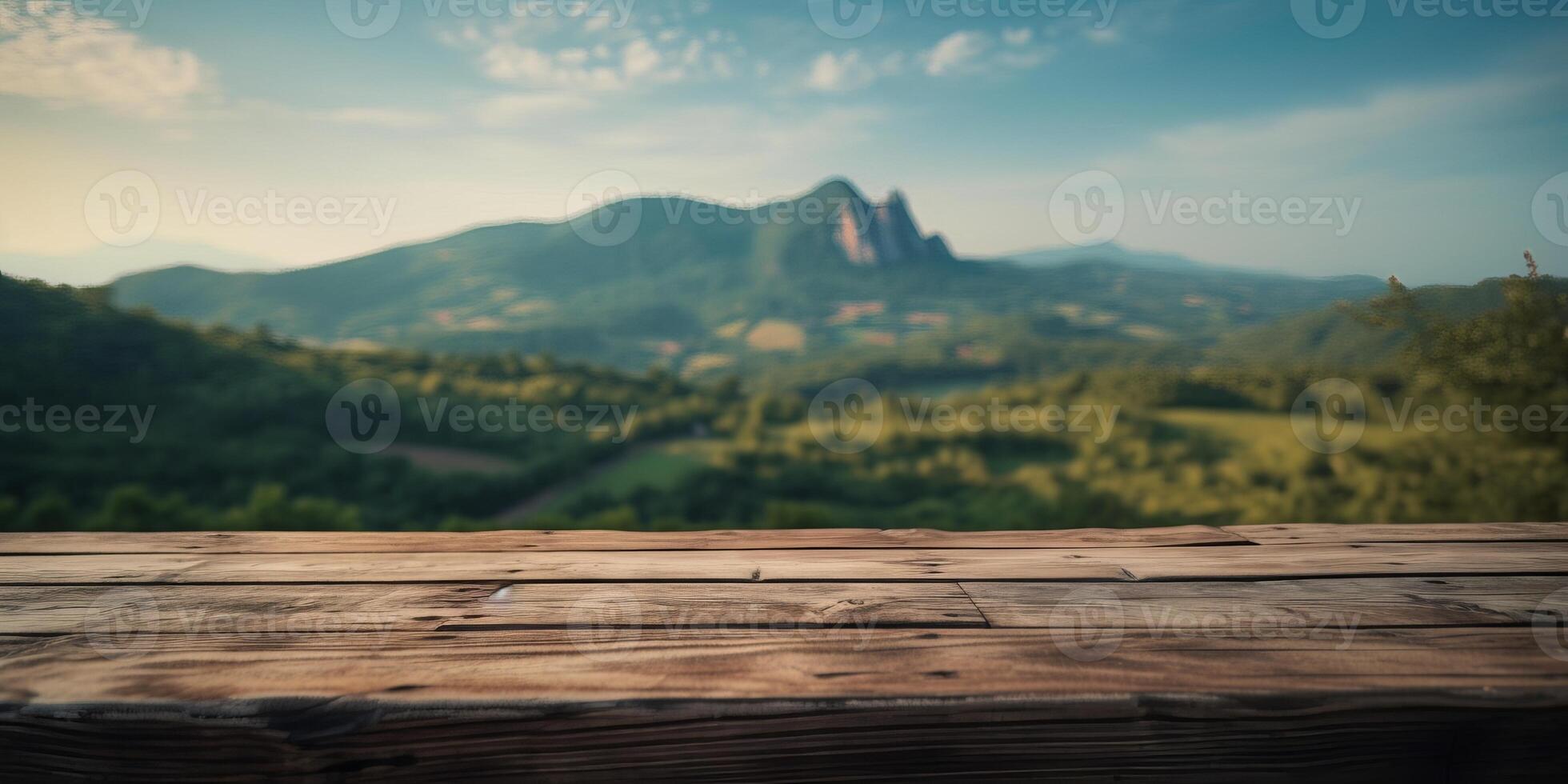 Empty wooden table with green mountain background, Free space for product display. photo