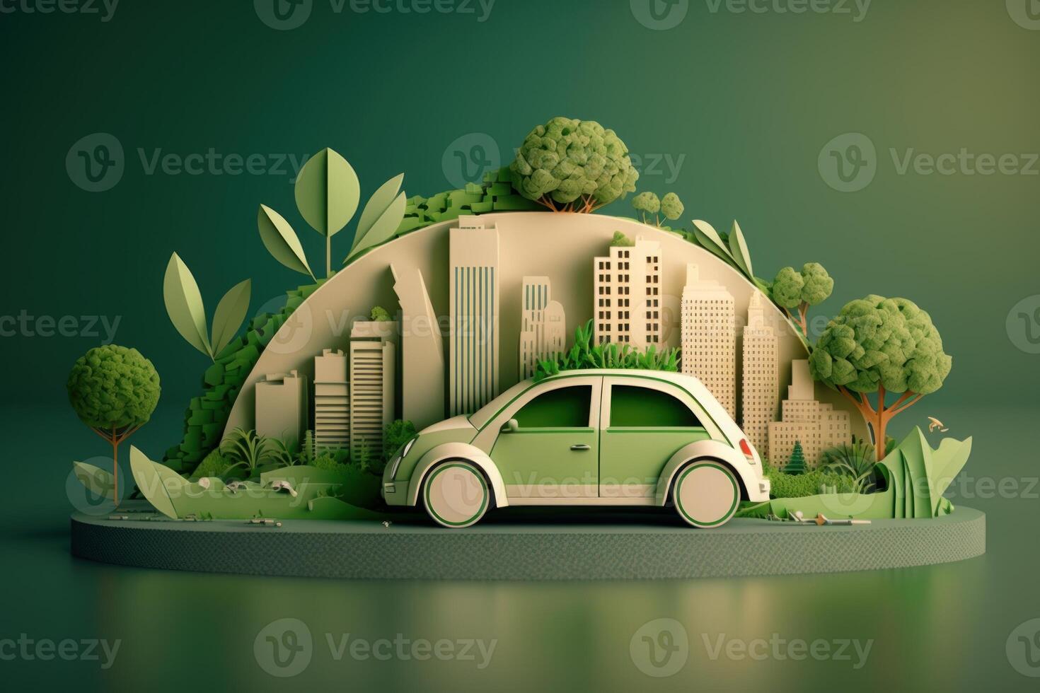 Eco friendly car with cityscape paper cut style, Renewable and sustainable energy concept. photo