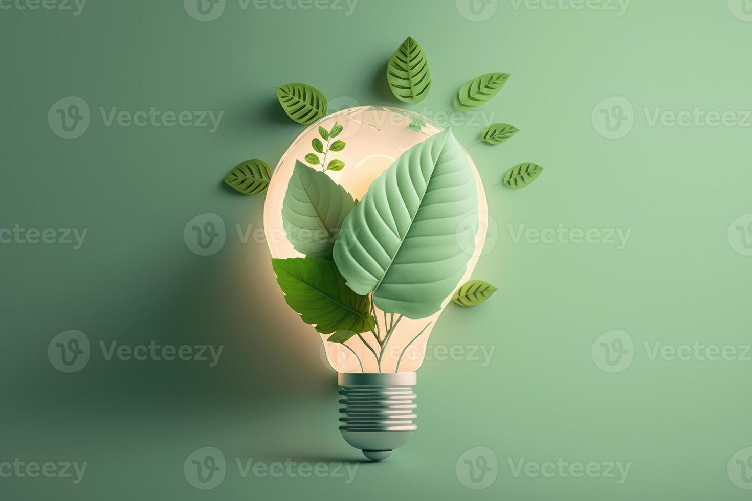 Paper cut of eco friendly light bulb with green leaves, Renewable and sustainable energy concept. photo