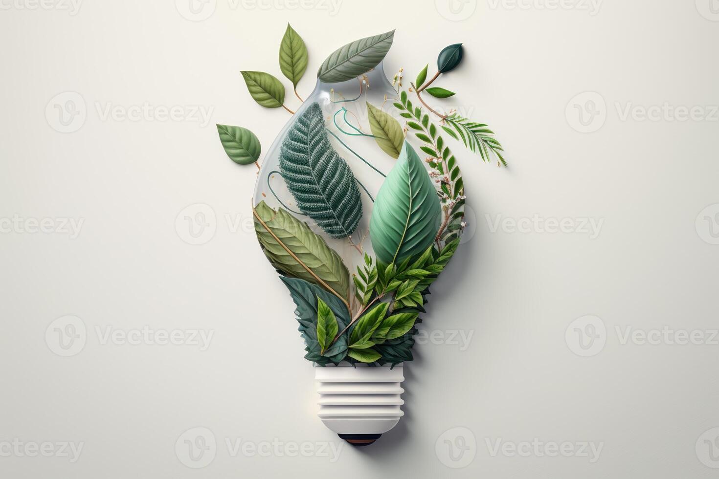 Paper cut of eco friendly light bulb with green leaves, Renewable and sustainable energy concept. photo