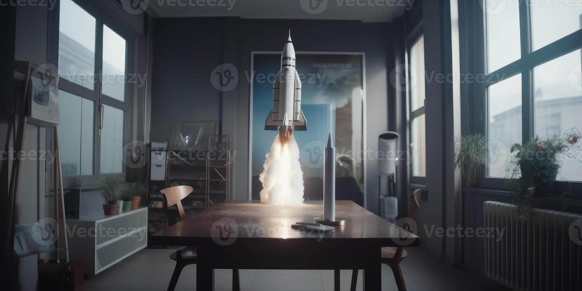 Business start up concept with rocket launching in workplace. photo