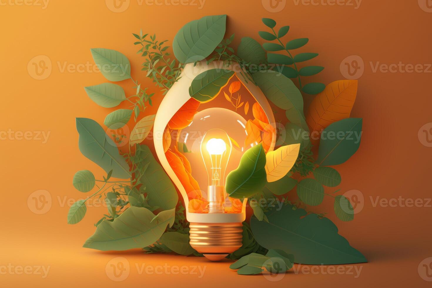 Paper cut of eco friendly light bulb with green leaves, Renewable and sustainable energy concept. photo