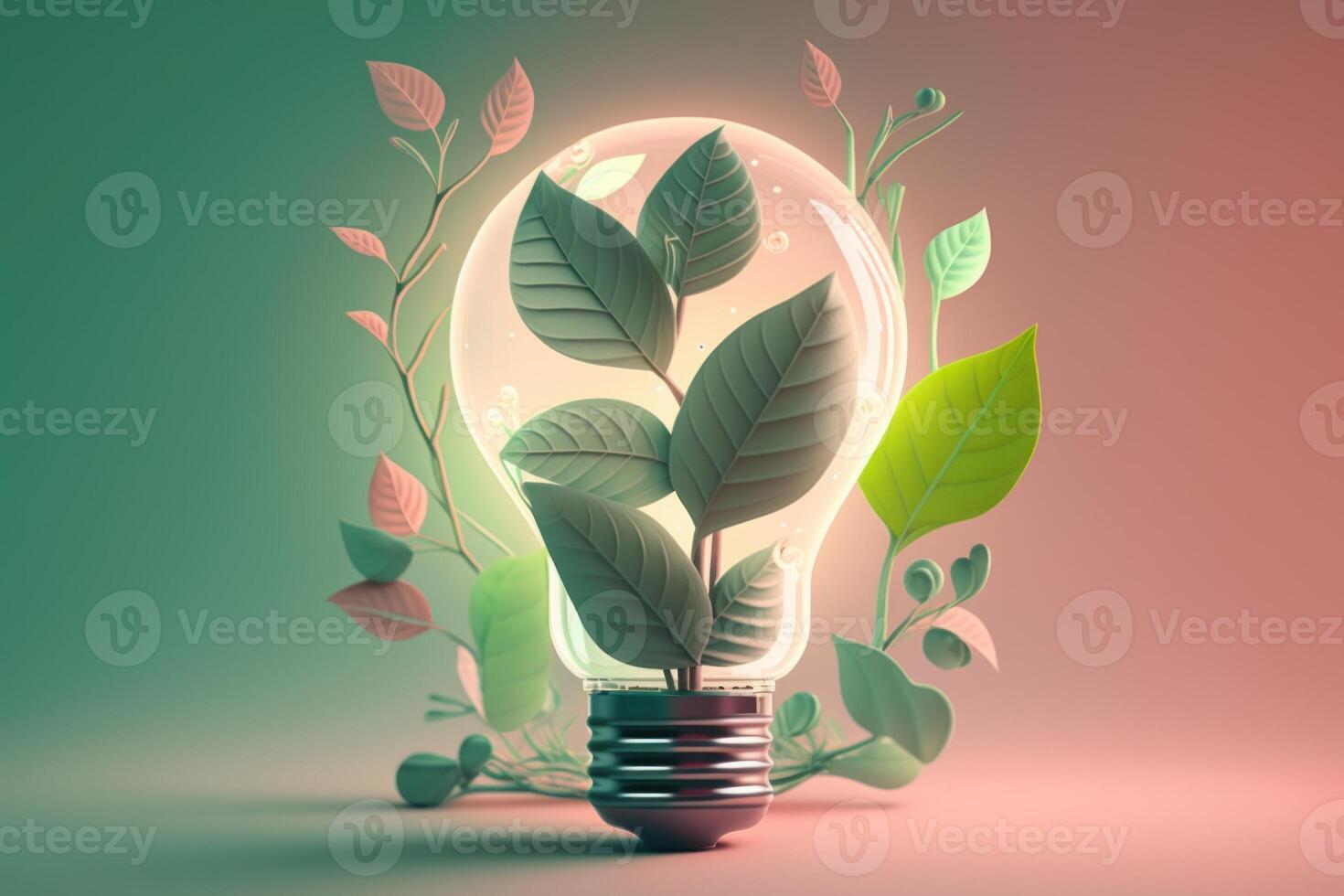 Paper cut of eco friendly light bulb with green leaves, Renewable and sustainable energy concept. photo