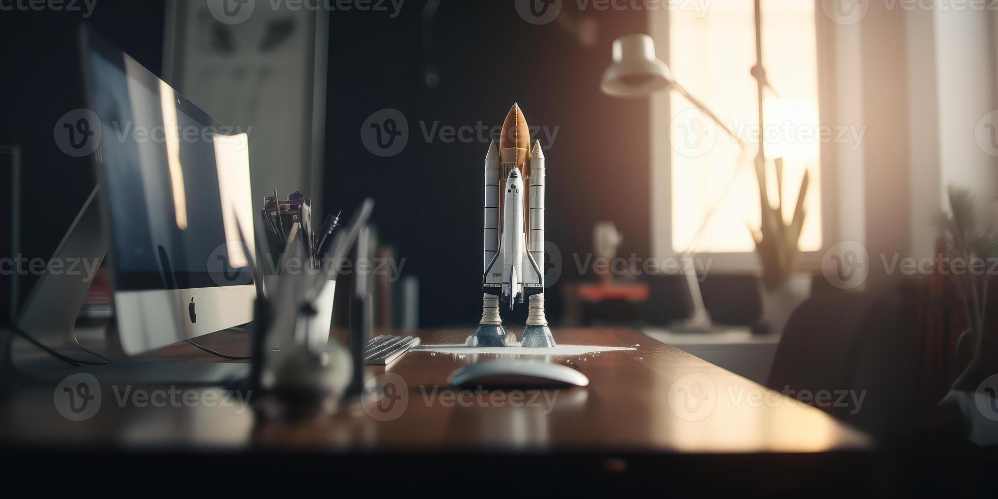 Business start up concept with rocket launching in workplace. photo