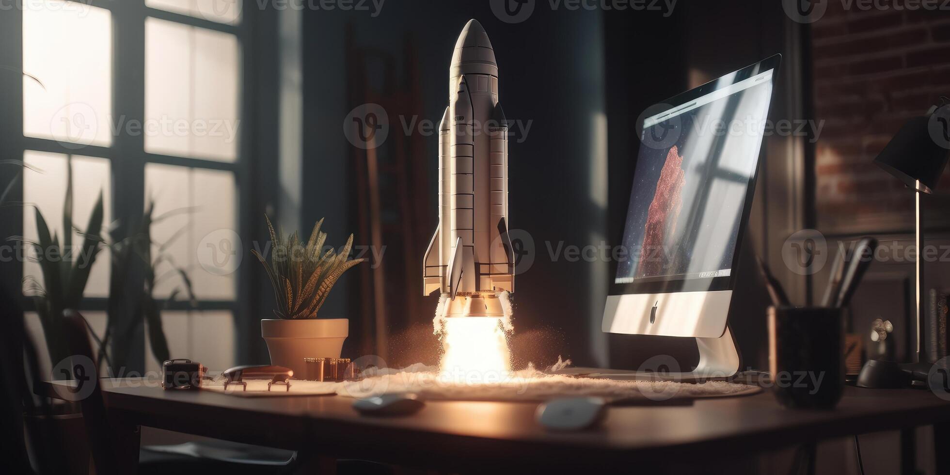 Business start up concept with rocket launching in workplace. photo
