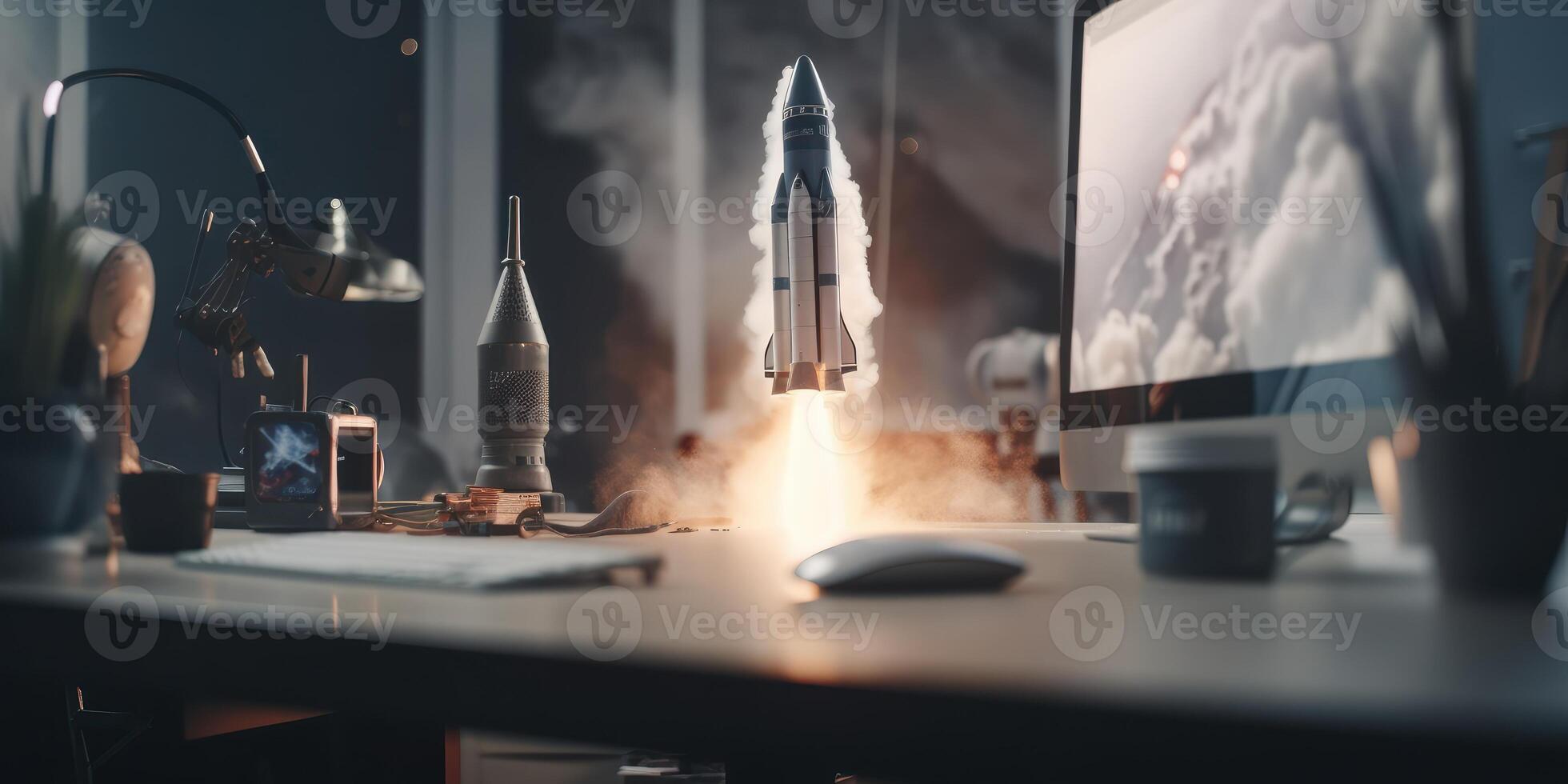 Business start up concept with rocket launching in workplace. photo