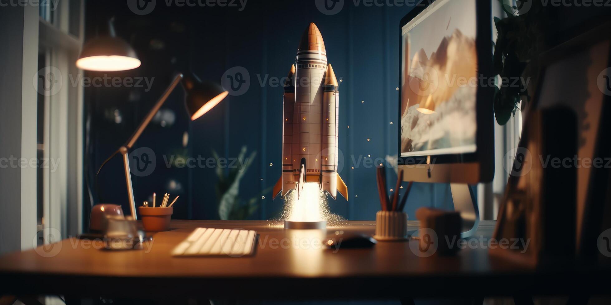 Business start up concept with rocket launching in workplace. photo
