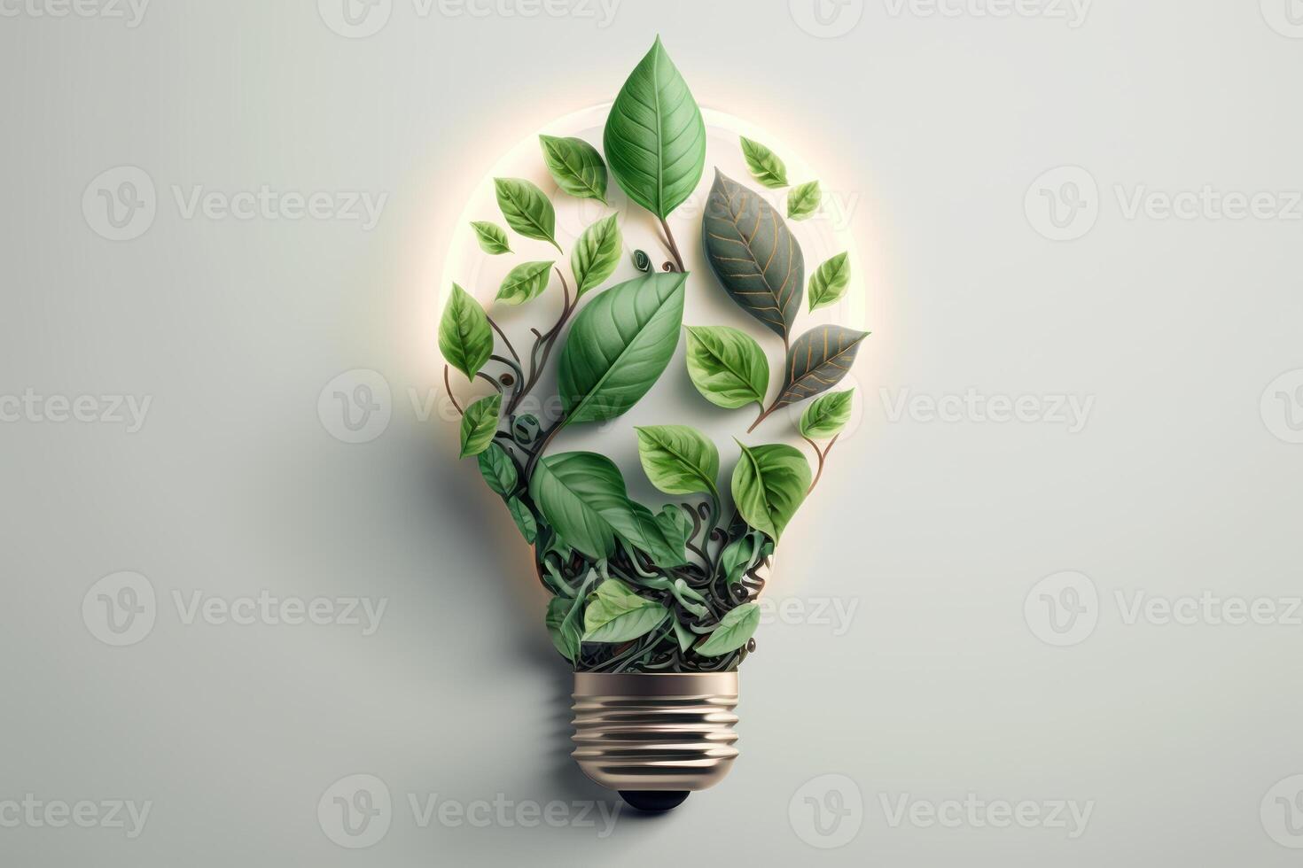 Paper cut of eco friendly light bulb with green leaves, Renewable and sustainable energy concept. photo