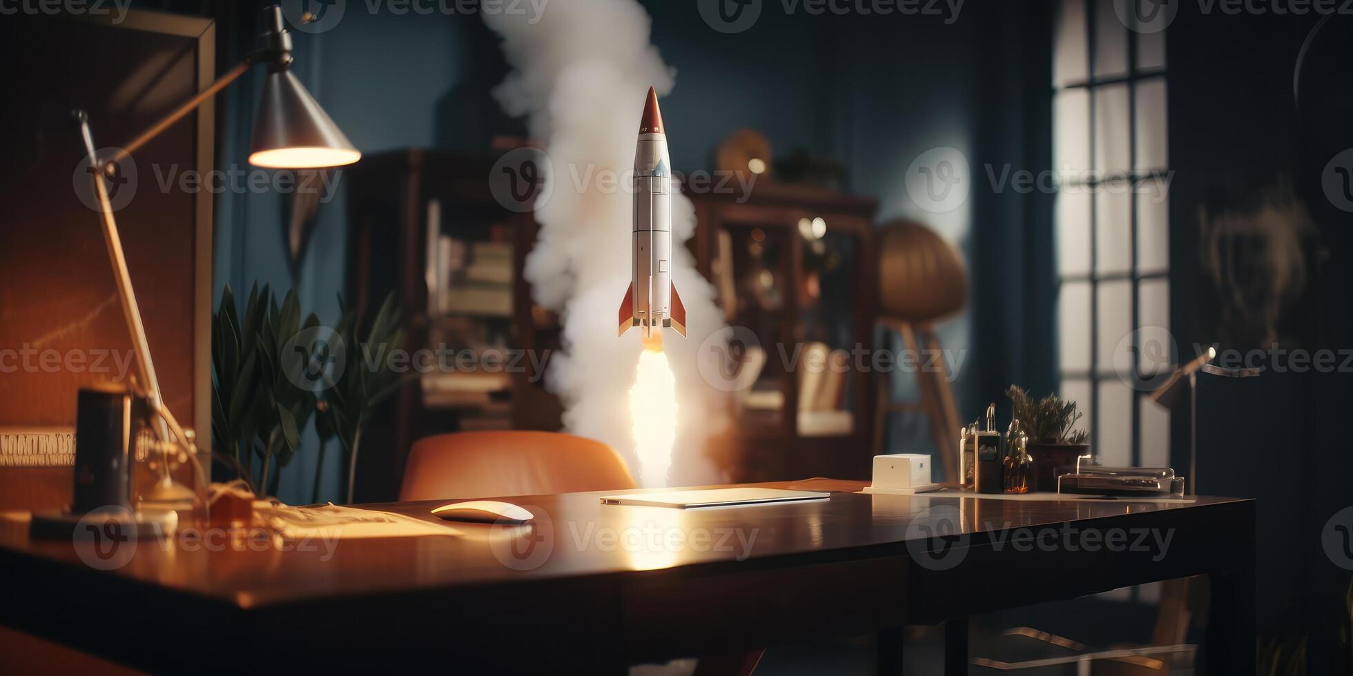 Business start up concept with rocket launching in workplace. photo