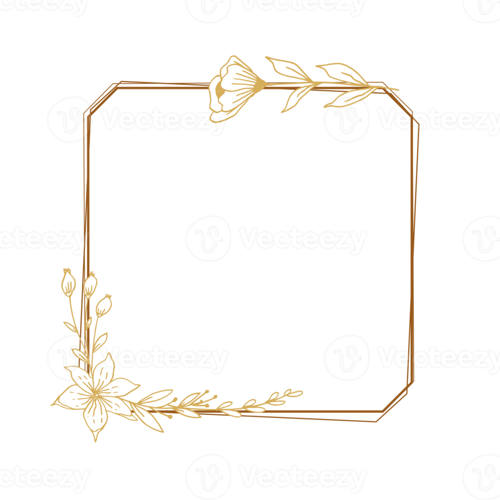 elegant guld fyrkant blommig gräns med hand dragen löv och blommor för bröllop inbjudan, tacka du kort, logotyp, hälsning kort png