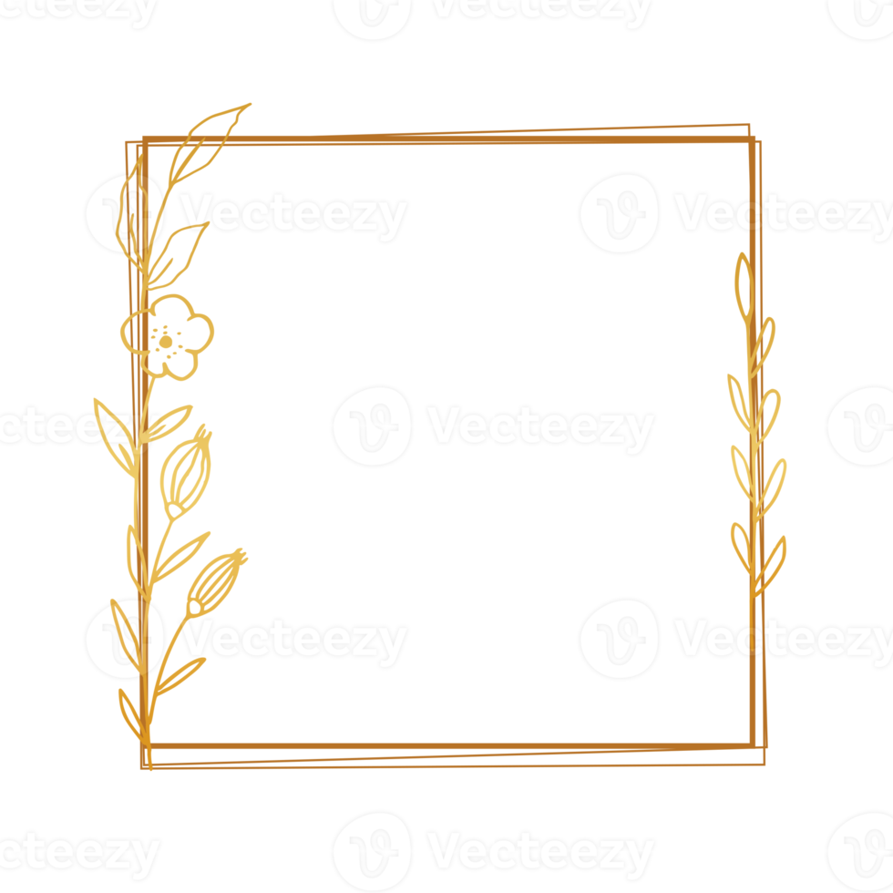 goud bloemen grens met hand- getrokken bladeren en bloem voor bruiloft uitnodiging, dank u kaart, logo, groet kaart png