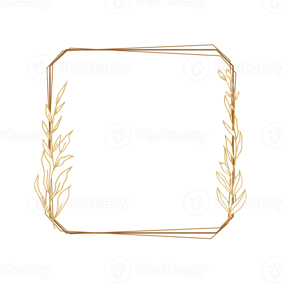 elegant goud plein bloemen grens met hand- getrokken bladeren en bloemen voor bruiloft uitnodiging, dank u kaart, logo, groet kaart png