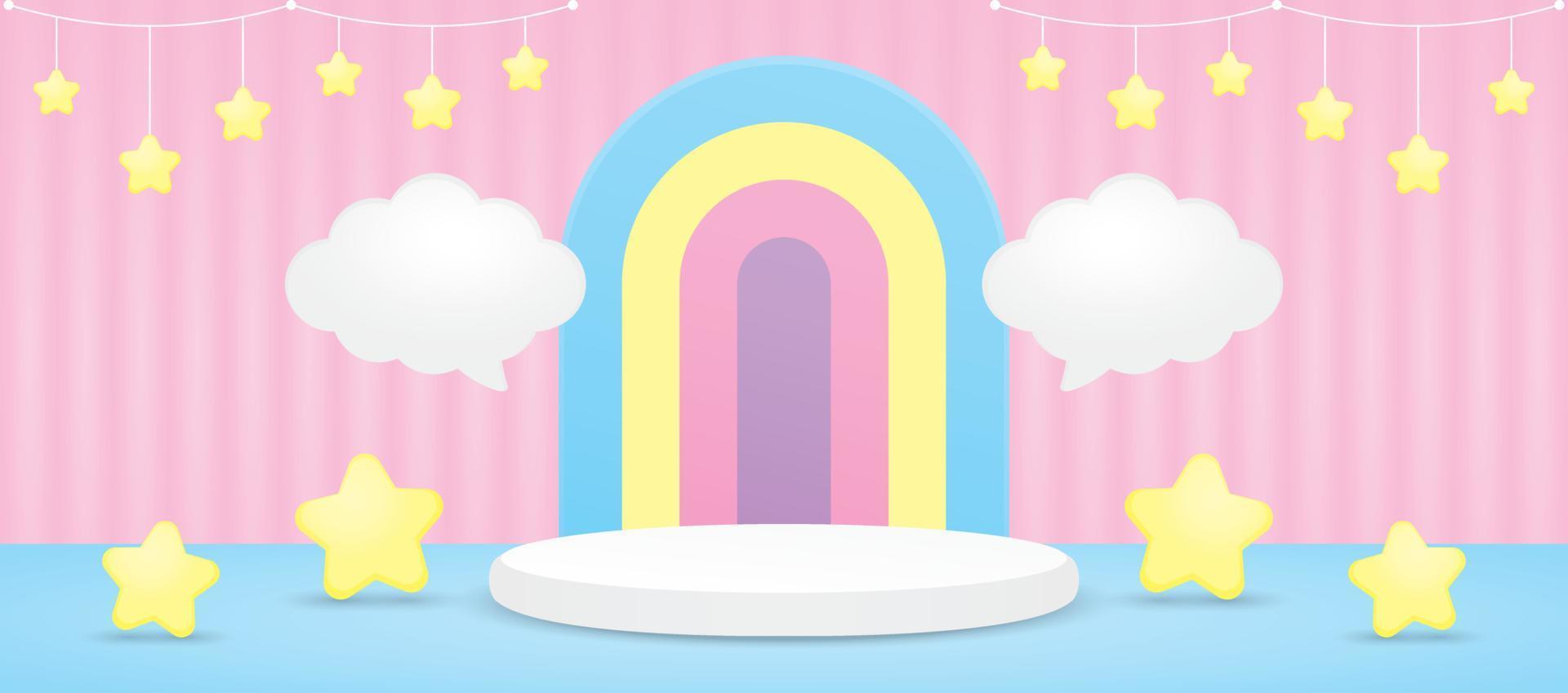 cute kawaii colorful rainbow arch display and podium with cloud speech bubble and hanging stars 3d illustration vector for putting product or object