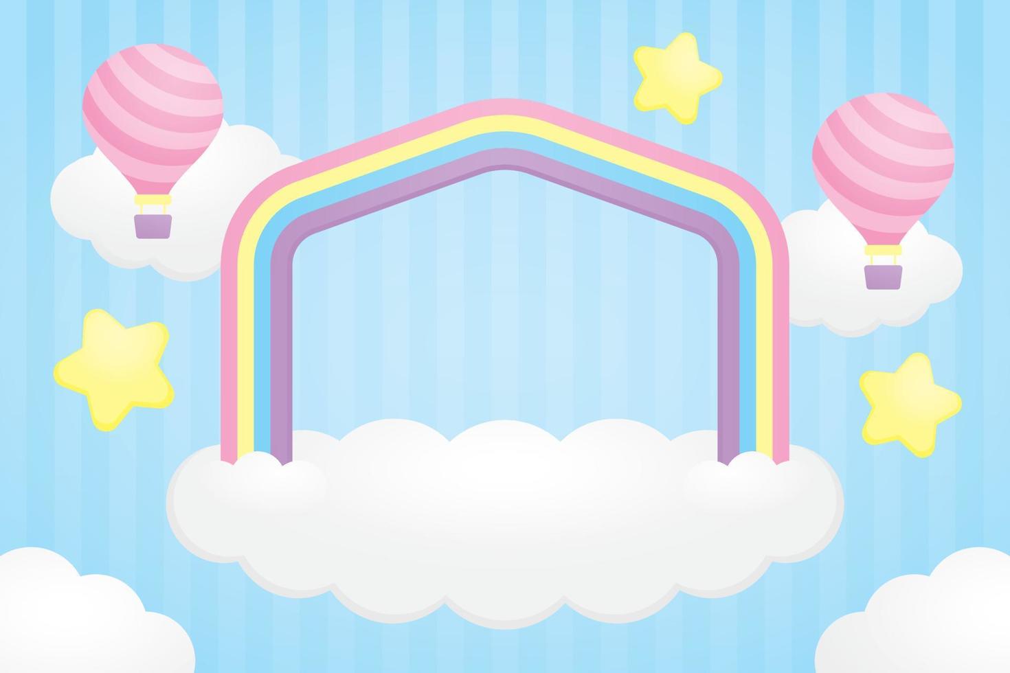 linda casa forma arco iris arco y blanco nube base con kawaii aire globo y estrellas gráfico elemento en pastel azul antecedentes ilustración vector